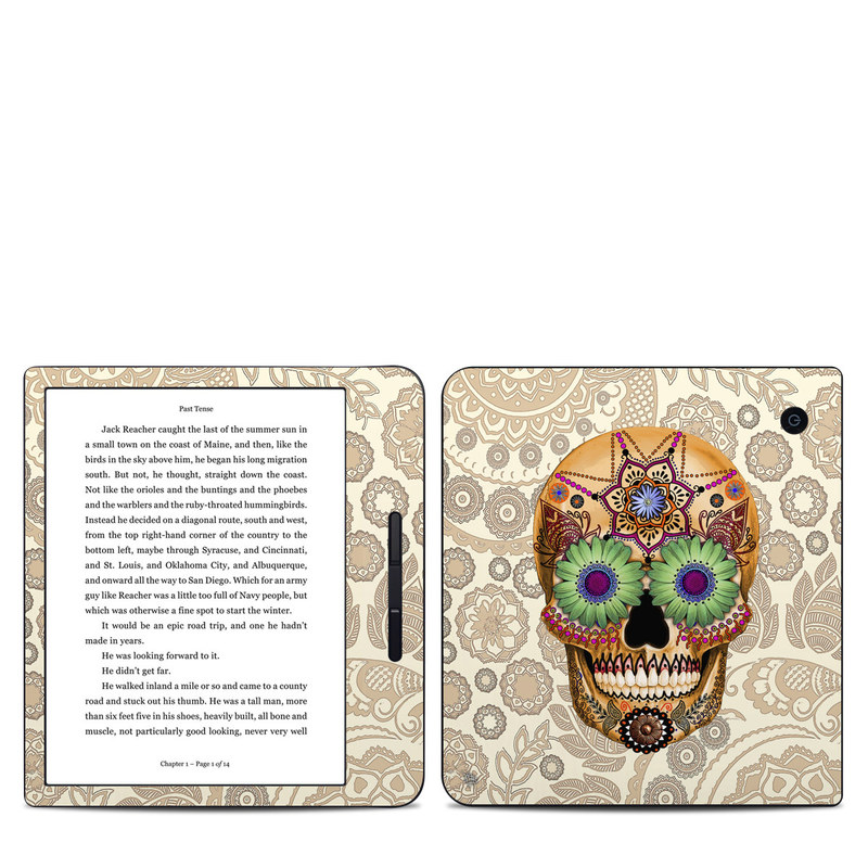 Kobo Libra H20 Skin design of Skull, Bone, Pattern, Design, Illustration, Visual arts, Fashion accessory, Art, with gray, yellow, green, black, red, pink colors
