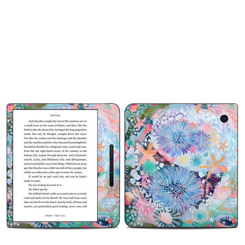 Kobo Libra H20 Skin design of Pattern, Aqua, Textile, Design, Watercolor paint, Visual arts, Flower, Art, Plant, Illustration, with blue, orange, pink, purple, green, white colors