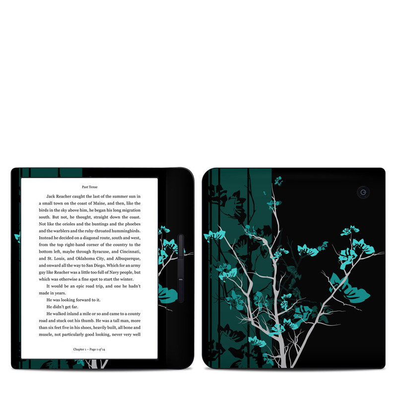 Kobo Libra H20 Skin design of Branch, Black, Blue, Green, Turquoise, Teal, Tree, Plant, Graphic design, Twig, with black, blue, gray colors