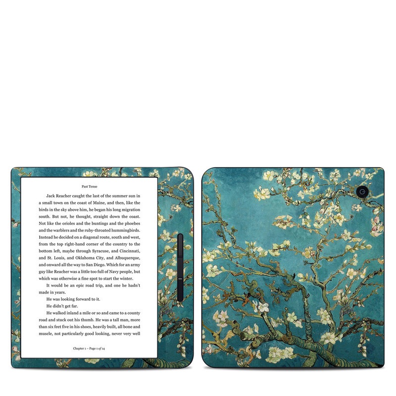 Kobo Libra H20 Skin design of Tree, Branch, Plant, Flower, Blossom, Spring, Woody plant, Perennial plant, with blue, black, gray, green colors