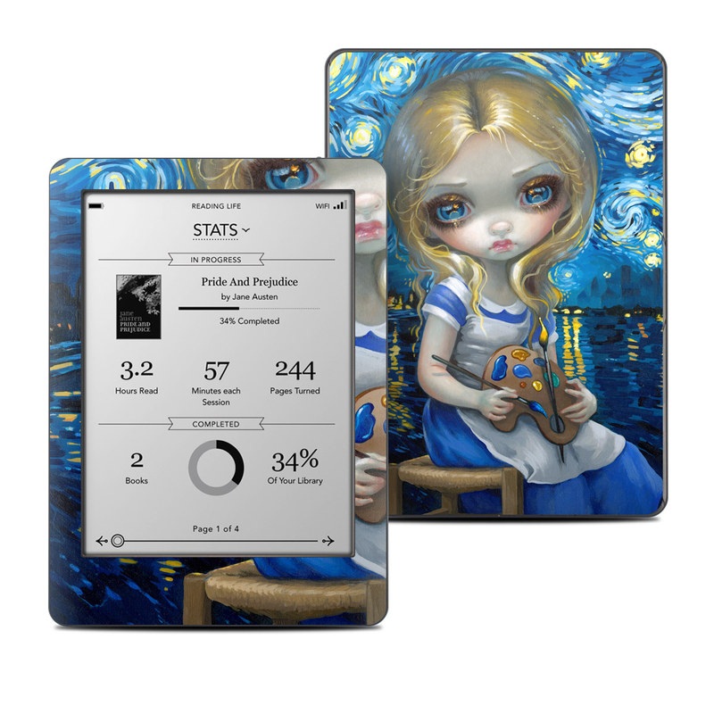 Kobo Glo Skin design of Blue, Illustration, Cg artwork, Doll, Art, Acrylic paint, Painting, Toy, Fictional character, Visual arts, with blue, yellow, white, brown, red colors
