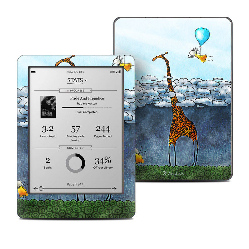 Kobo Glo Skin design of Giraffe, Sky, Tree, Water, Branch, Giraffidae, Illustration, Cloud, Grassland, Bird, with blue, gray, yellow, green colors