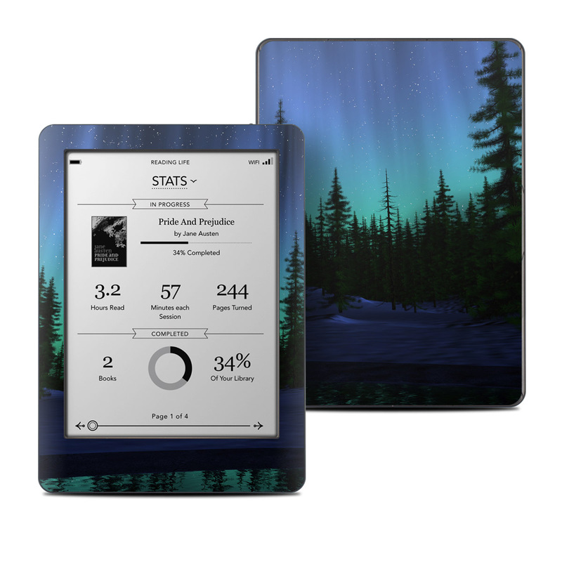 Kobo Glo Skin design of Aurora, Nature, Sky, shortleaf black spruce, Natural landscape, Tree, Wilderness, Natural environment, Biome, Spruce-fir forest, with blue, purple, green, black colors