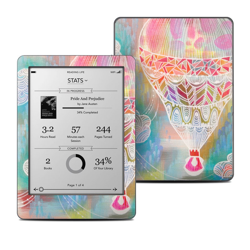 Kobo Glo Skin design of Hot air balloon, Balloon, Illustration, Pattern, Vehicle, Aerostat, Hot air ballooning, Graphic design, Art, with blue, red, yellow, pink, white colors