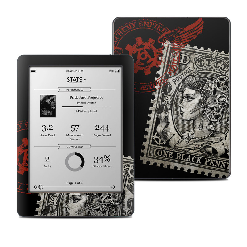 Kobo Glo Skin design of Font, Postage stamp, Illustration, Drawing, Art, with black, gray, red colors