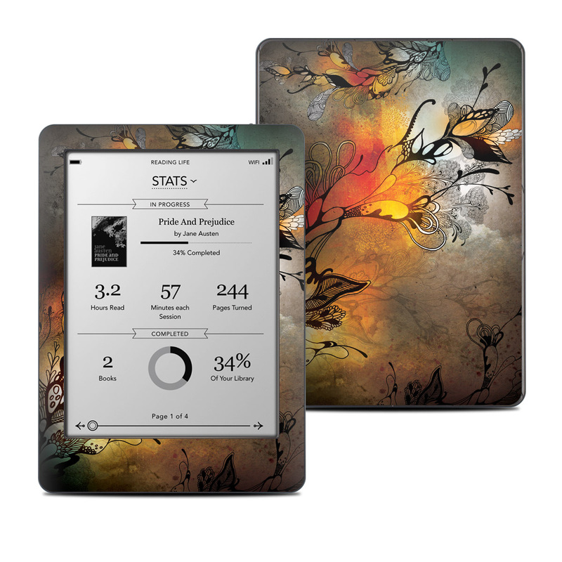 Kobo Glo Skin design of Yellow, Orange, Art, Branch, Leaf, Graphic design, Visual arts, Pattern, Design, Modern art, with black, red, orange, yellow colors