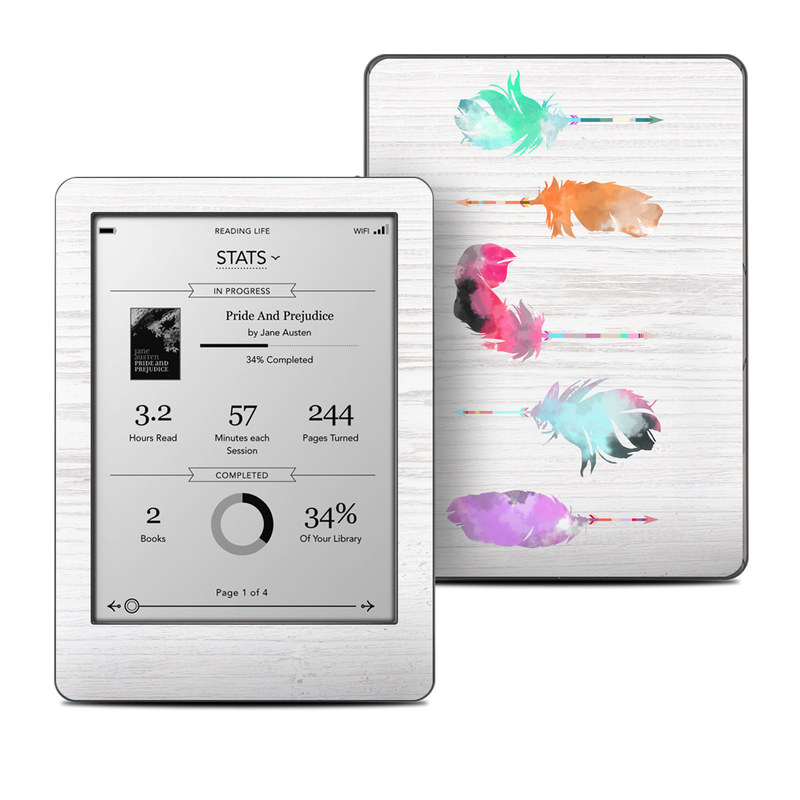 Kobo Glo Skin design of Pink, Watercolor paint, Illustration, Feather, Design, Art, Painting, Graphic design, Visual arts, Drawing, with white, orange, red, blue, pink, purple, green colors