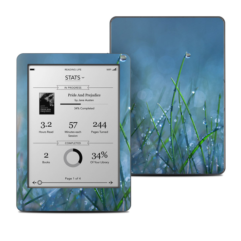 Kobo Glo Skin design of Moisture, Dew, Water, Green, Grass, Plant, Drop, Grass family, Macro photography, Close-up, with blue, black, green, gray colors