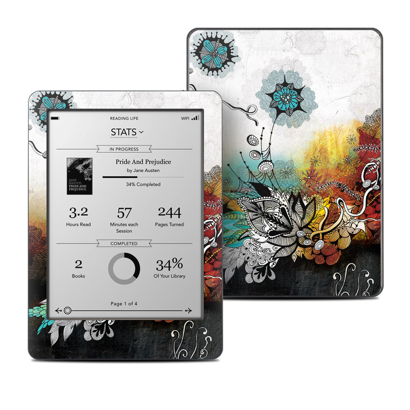 Kobo Glo Skin design of Graphic design, Illustration, Art, Design, Visual arts, Floral design, Font, Graphics, Modern art, Painting, with black, gray, red, green, blue colors