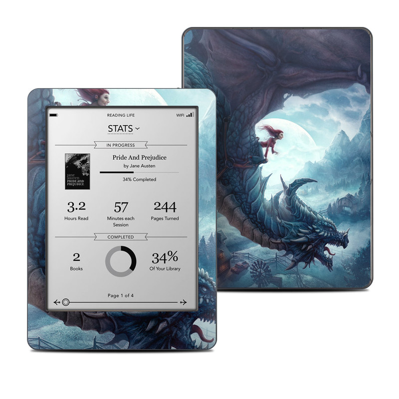 Kobo Glo Skin design of Dragon, Cg artwork, Illustration, Action-adventure game, Fictional character, Mythical creature, Mythology, Fiction, Cryptid, Extinction, with blue, white, brown, green colors