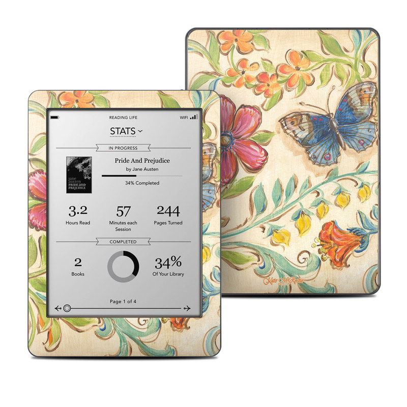 Kobo Glo Skin design of Butterfly, Moths and butterflies, Insect, Pollinator, Plant, Pattern, Watercolor paint, Wildflower, Visual arts, Brush-footed butterfly, with gray, pink, green, red, orange, blue colors