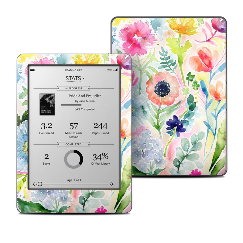 Kobo Glo Skin design of Flower, Watercolor paint, Plant, Flowering plant, Pattern, Floral design, Botany, Petal, Wildflower, Design, with green, pink, yellow, orange, blue, red, purple colors
