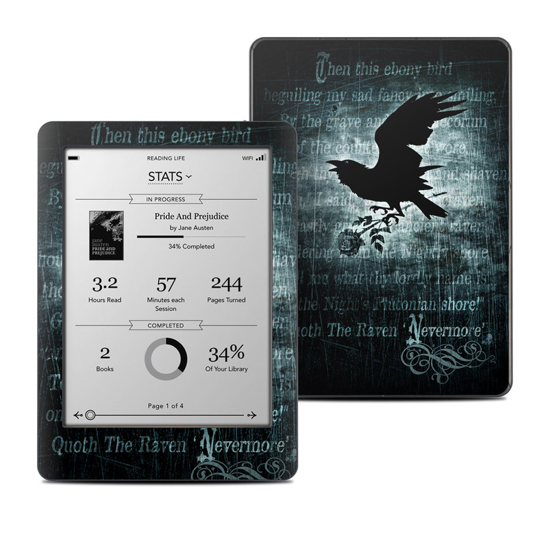 Kobo Glo Skin design of Bird, Text, Wing, Graphic design, Darkness, Font, Illustration, Graphics, with black, white, blue colors