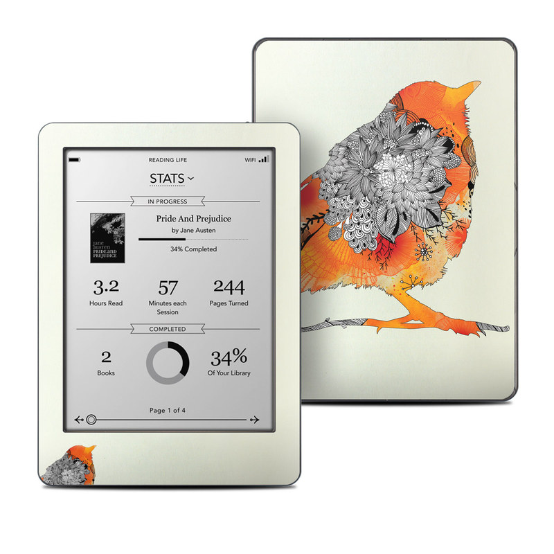 Kobo Glo Skin design of European robin, Orange, Bird, Illustration, Old World flycatcher, Drawing, Songbird, Perching bird, robin, Sketch, with gray, yellow, green, red, black colors