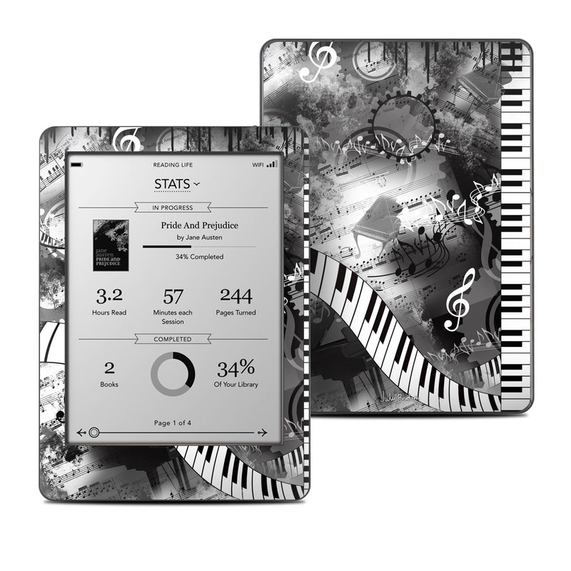 Kobo Glo Skin design of Music, Monochrome, Black-and-white, Illustration, Graphic design, Musical instrument, Technology, Musical keyboard, Piano, Electronic instrument, with black, gray, white colors