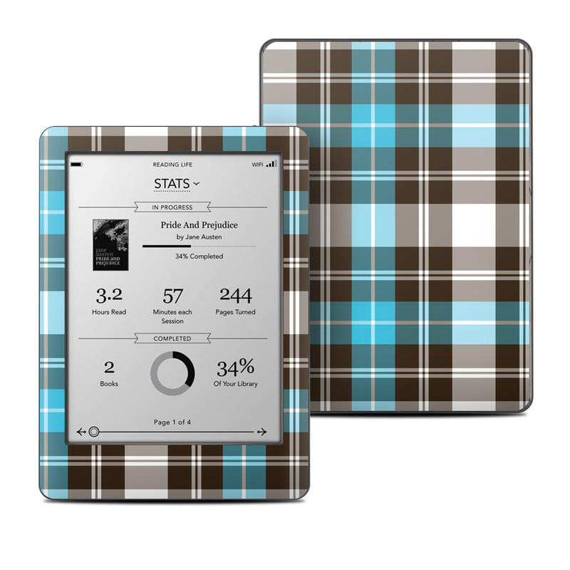 Kobo Glo Skin design of Plaid, Pattern, Tartan, Turquoise, Textile, Design, Brown, Line, Tints and shades, with gray, black, blue, white colors