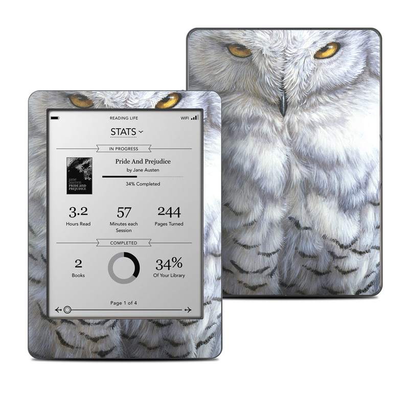 Kobo Glo Skin design of Owl, Bird, Bird of prey, Snowy owl, great grey owl, Close-up, Eye, Snout, Wildlife, Eastern Screech owl, with gray, white, black, blue, purple colors