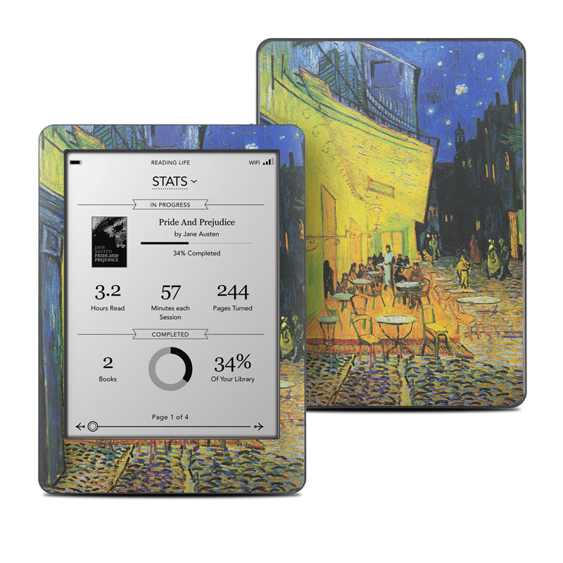 Kobo Glo Skin design of Painting, Art, Yellow, Watercolor paint, Illustration, Modern art, Visual arts, Street, Infrastructure, Tree, with green, black, blue, gray, red colors