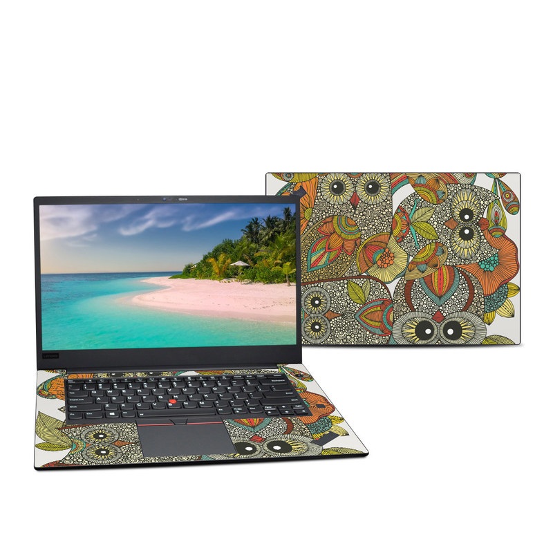 Lenovo ThinkPad X1 Extreme Gen 2 15-inch Skin design of Owl, Pattern, Visual arts, Art, Design, Textile, Illustration, Motif, Bird, with white, green, orange, yellow, blue, red colors