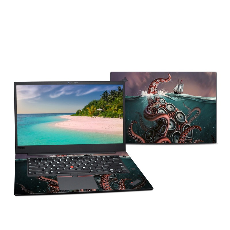 Lenovo ThinkPad X1 Extreme Gen 2 15-inch Skin design of Octopus, Water, Illustration, Wind wave, Sky, Graphic design, Organism, Cephalopod, Cg artwork, giant pacific octopus with blue, gray, white, brown, red colors