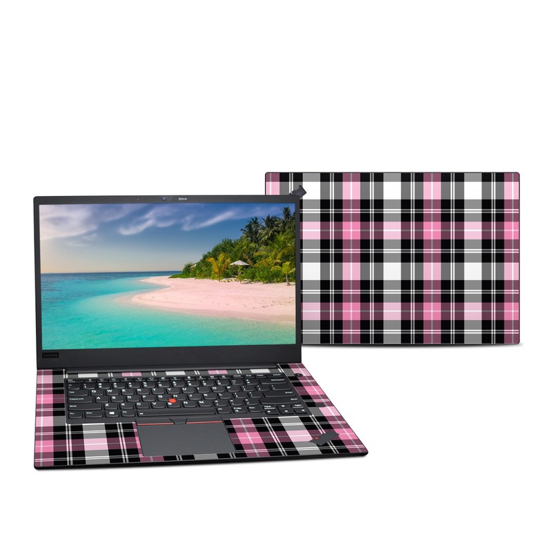 Lenovo ThinkPad X1 Extreme Gen 2 15-inch Skin design of Plaid, Tartan, Pattern, Pink, Purple, Violet, Line, Textile, Magenta, Design, with black, gray, pink, red, white, purple colors