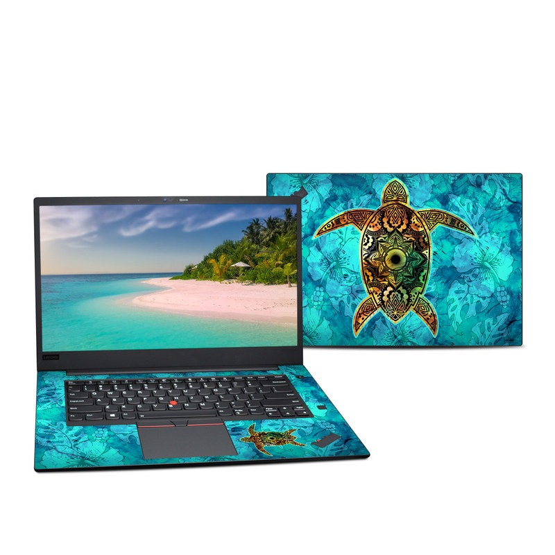 Lenovo ThinkPad X1 Extreme Gen 2 15-inch Skin design of Sea turtle, Green sea turtle, Turtle, Hawksbill sea turtle, Tortoise, Reptile, Loggerhead sea turtle, Illustration, Art, Pattern, with blue, black, green, gray, red colors