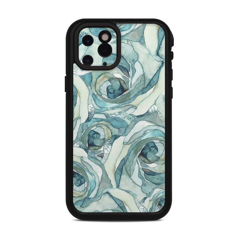 LifeProof iPhone 11 Pro fre Case Skin design of Rose, Garden roses, Blue, Flower, Rose family, Watercolor paint, Plant, Pattern, Rosa × centifolia, Blue rose, with blue, green colors