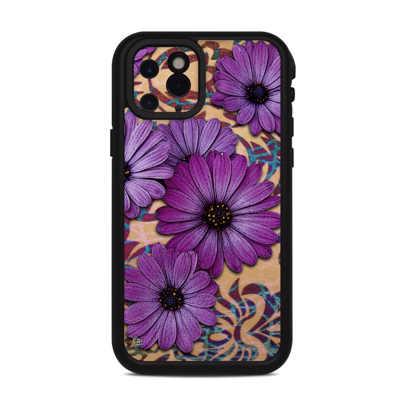 LifeProof iPhone 11 Pro fre Case Skin design of Purple, Flower, Violet, Petal, Plant, african daisy, Floral design, Wildflower, Pattern, Textile, with purple, black, gray, blue, green, red colors