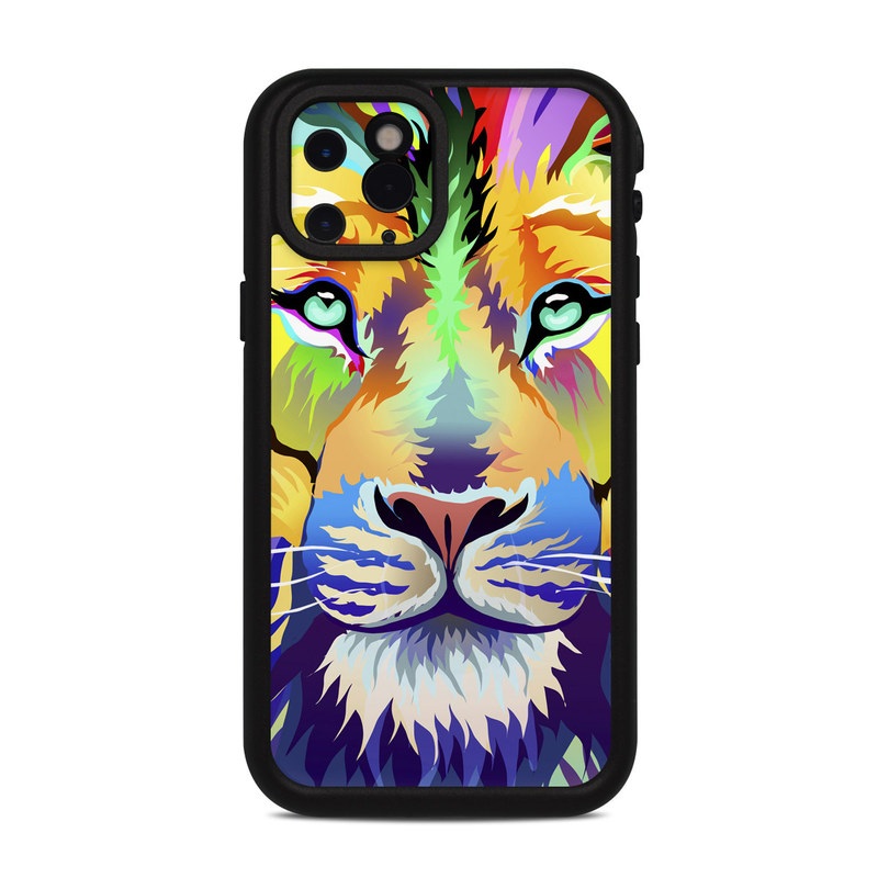 LifeProof iPhone 11 Pro fre Case Skin design of Bengal tiger, Felidae, Lion, Wildlife, Big cats, Tiger, Carnivore, Art, Illustration, Painting, with orange, yellow, green, red, pink, blue, purple colors