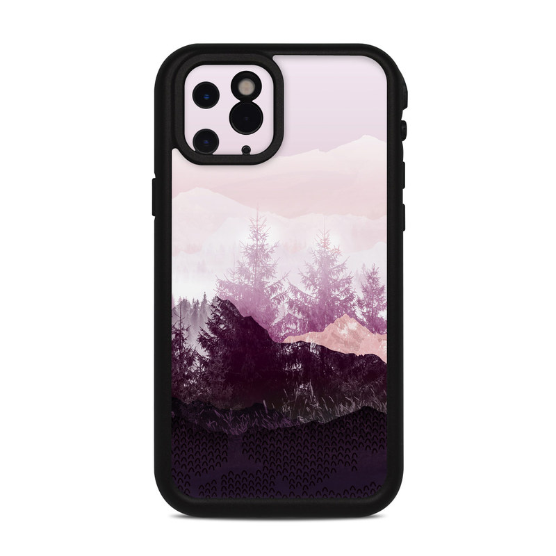 LifeProof iPhone 11 Pro fre Case Skin design of Sky, Purple, Atmospheric phenomenon, Pink, Natural landscape, Violet, Mountain, Tree, Morning, Mountain range, with white, purple, black, pink colors