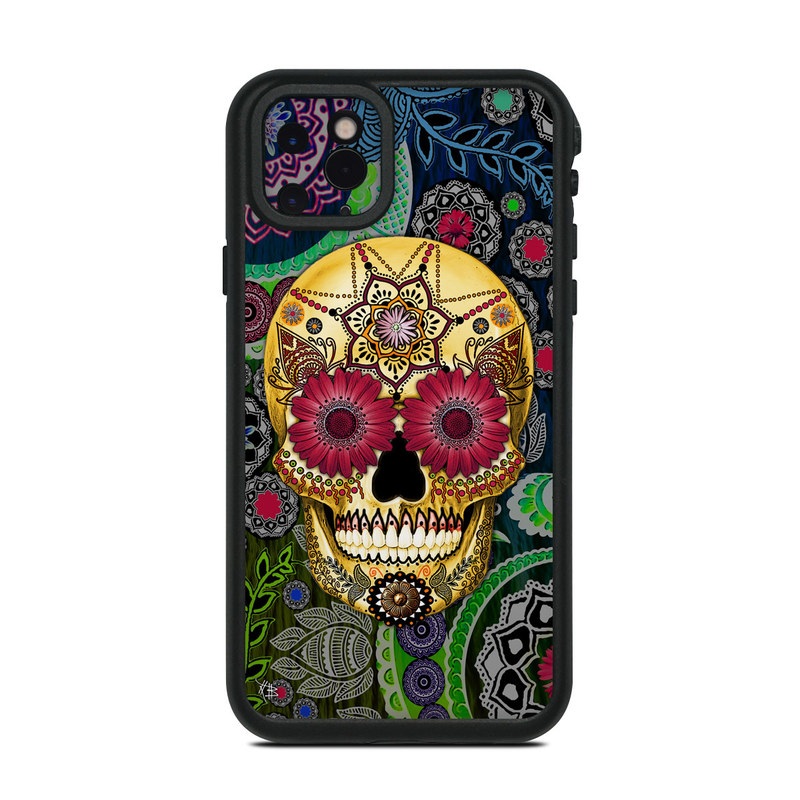 LifeProof iPhone 11 Pro Max fre Case Skin design of Skull, Bone, Pattern, Psychedelic art, Visual arts, Design, Illustration, Art, Textile, Plant, with black, red, gray, green, blue colors
