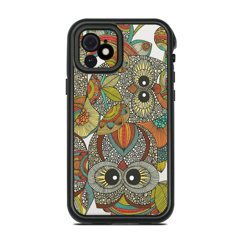 LifeProof iPhone 12 fre Case Skin design of Owl, Pattern, Visual arts, Art, Design, Textile, Illustration, Motif, Bird, with white, green, orange, yellow, blue, red colors