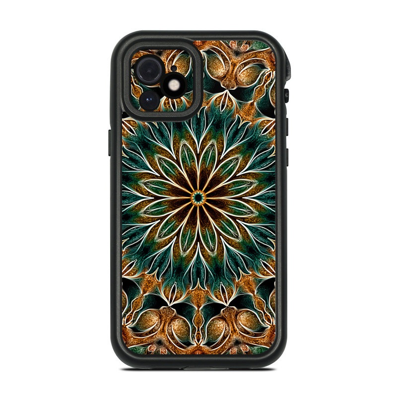 LifeProof iPhone 12 fre Case Skin design of Pattern, Symmetry, Textile, Art, Psychedelic art, Tapestry, Design, Visual arts, Kaleidoscope, Motif, with green, orange, yellow, brown, red colors