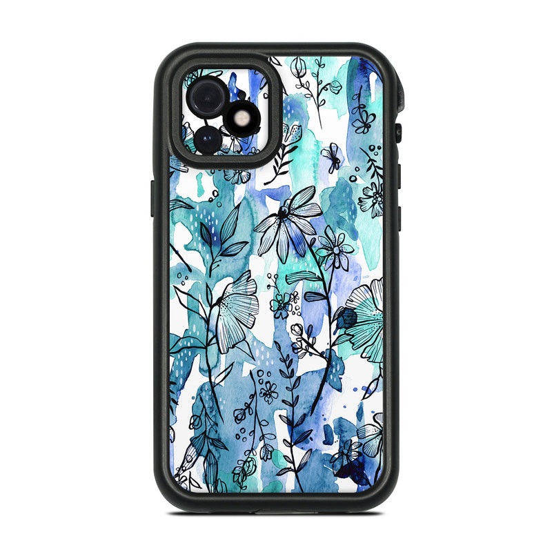 LifeProof iPhone 12 fre Case Skin design of Blue, Pattern, Turquoise, Aqua, Design, Textile, Wildflower, Plant, Wrapping paper, Gift wrapping, with blue, white, black, purple colors