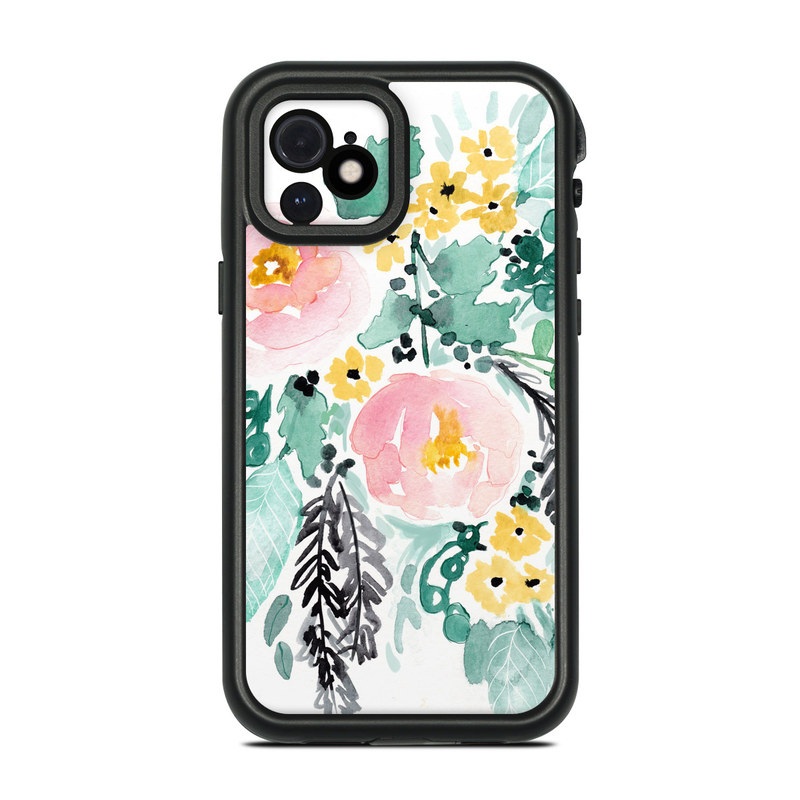LifeProof iPhone 12 fre Case Skin design of Branch, Clip art, Watercolor paint, Flower, Leaf, Botany, Plant, Illustration, Design, Graphics, with green, pink, red, orange, yellow colors