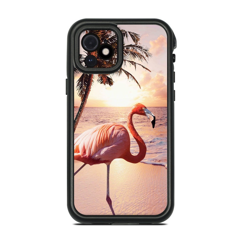 LifeProof iPhone 12 fre Case Skin design of Flamingo, Greater flamingo, Bird, Water bird, Pink, Wildlife, Sky, Tree, Organism, Beak, with pink, blue, green, yellow, white, orange, black colors