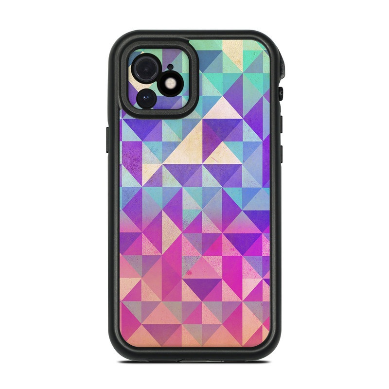 LifeProof iPhone 12 fre Case Skin design of Pattern, Purple, Triangle, Violet, Magenta, Line, Design, Symmetry, Psychedelic art, with gray, purple, green, blue, pink colors