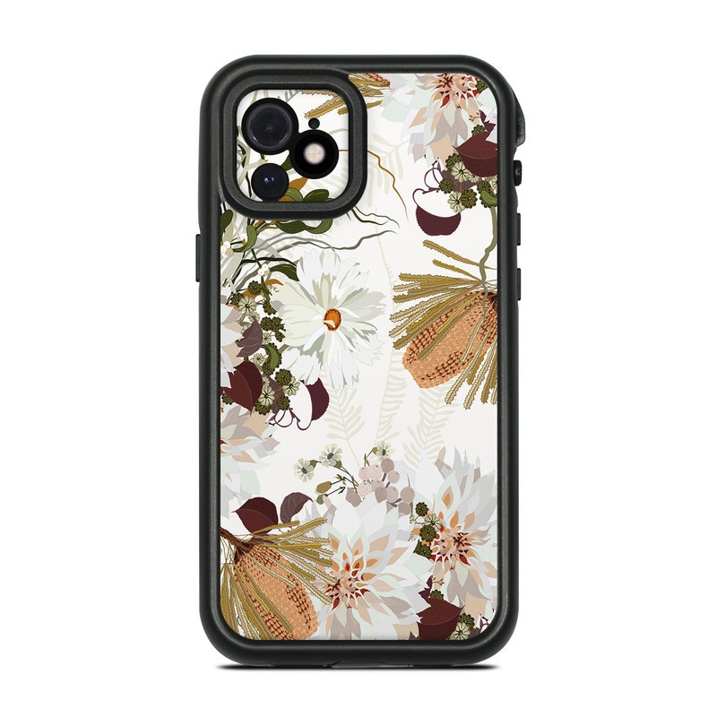 Lifeproof iPhone 12 fre Case Skin design of Flower, Botany, Plant, Floral design, Wildflower, Pattern, Wallpaper, Textile, Petal, Butterfly, with white, brown, green, gray colors