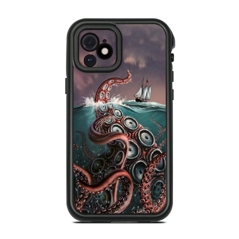 LifeProof iPhone 12 fre Case Skin design of Octopus, Water, Illustration, Wind wave, Sky, Graphic design, Organism, Cephalopod, Cg artwork, giant pacific octopus, with blue, gray, white, brown, red colors