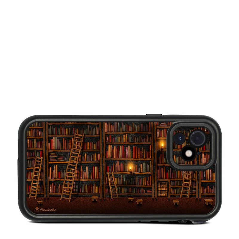 Lifeproof iPhone 12 fre Case Skin design of Shelving, Library, Bookcase, Shelf, Furniture, Book, Building, Publication, Room, Darkness, with black, red colors