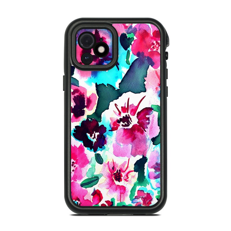 LifeProof iPhone 12 fre Case Skin design of Flower, Pink, Petal, Plant, Pattern, Hawaiian hibiscus, Design, Magenta, Flowering plant, Watercolor paint, with white, pink, blue, green, red colors