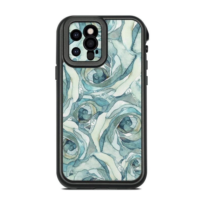 LifeProof iPhone 12 Pro fre Case Skin design of Rose, Garden roses, Blue, Flower, Rose family, Watercolor paint, Plant, Pattern, Rosa × centifolia, Blue rose, with blue, green colors