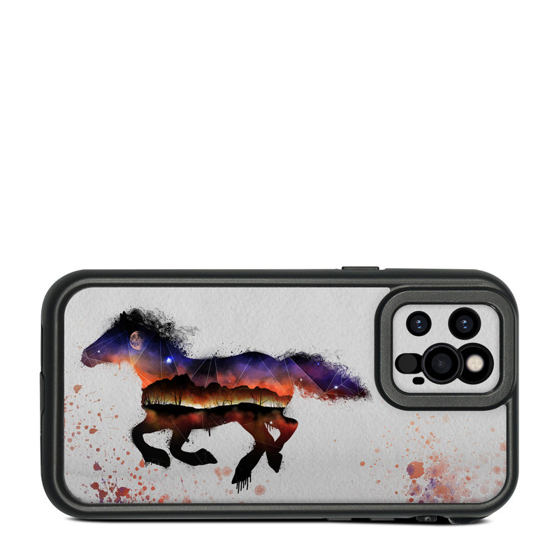 LifeProof iPhone 12 Pro fre Case Skin design of Watercolor paint, Illustration, Art, Horse, Paint, Drawing, Graphic design, Painting, Visual arts, Mustang horse, with gray, white, purple, red, yellow, black, orange colors