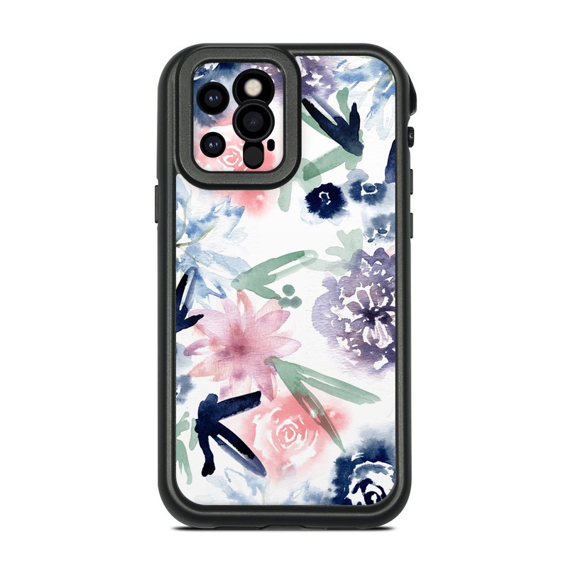 Lifeproof iPhone 12 Pro fre Case Skin design of Pattern, Graphic design, Design, Floral design, Plant, Flower, Illustration with white, blue, purple, green, pink colors
