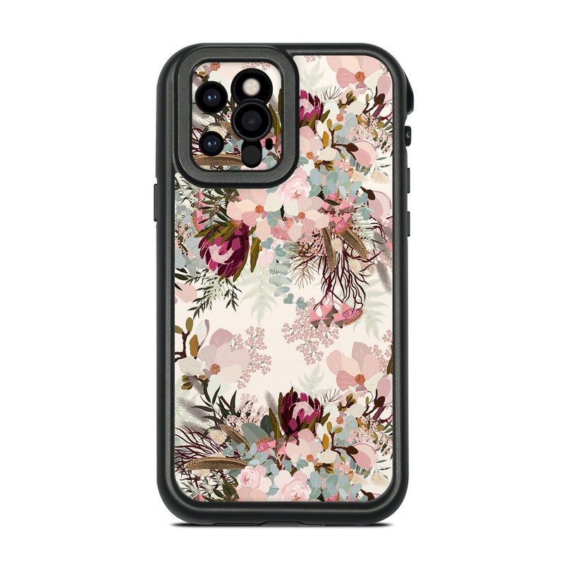 LifeProof iPhone 12 Pro fre Case Skin design of Pink, Pattern, Lilac, Flower, Plant, Petal, Floral design, Textile, Design, Blossom, with white, red, pink, blue, brown colors