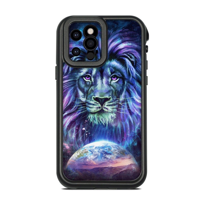 LifeProof iPhone 12 Pro fre Case Skin design of Lion, Felidae, Purple, Wildlife, Big cats, Illustration, Darkness, Space, Painting, Art, with purple, blue, green, black, white, red colors