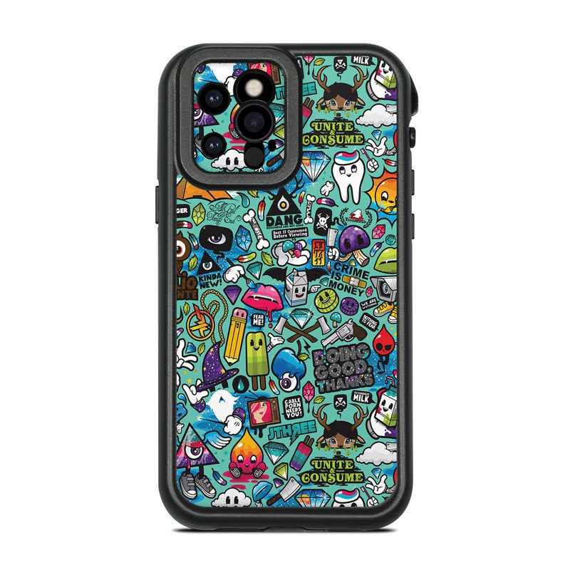 Lifeproof iPhone 12 Pro fre Case Skin design of Cartoon, Art, Pattern, Design, Illustration, Visual arts, Doodle, Psychedelic art with black, blue, gray, red, green colors