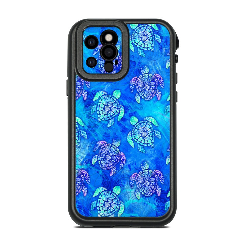 LifeProof iPhone 12 Pro fre Case Skin design of Blue, Pattern, Organism, Design, Sea turtle, Plant, Electric blue, Hydrangea, Flower, Symmetry, with blue, green, purple colors