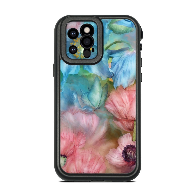 LifeProof iPhone 12 Pro fre Case Skin design of Flower, Petal, Watercolor paint, Painting, Plant, Flowering plant, Pink, Botany, Wildflower, Still life, with gray, blue, black, red, green colors