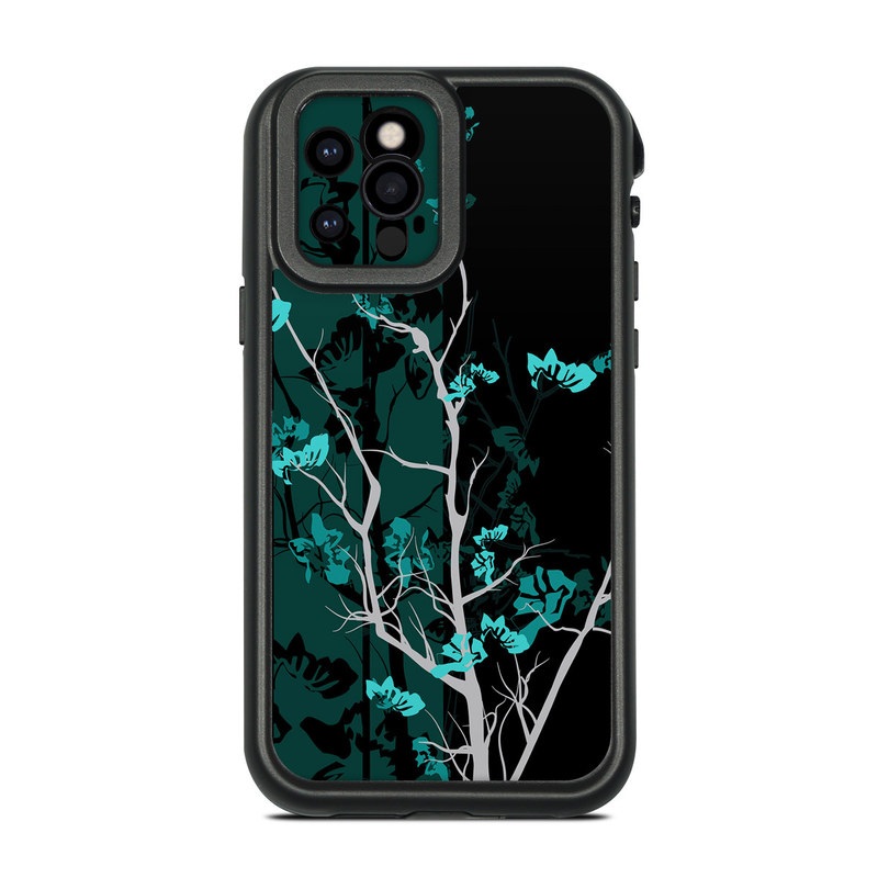 LifeProof iPhone 12 Pro fre Case Skin design of Branch, Black, Blue, Green, Turquoise, Teal, Tree, Plant, Graphic design, Twig, with black, blue, gray colors